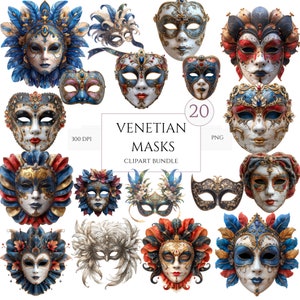 Vintage Venetiaanse maskers clipartcollectie, 21 aquarel png's, Italiaanse maskerademaskers, ongewenste tijdschrift efemere verschijnselen, scrapbooking, commercieel gebruik