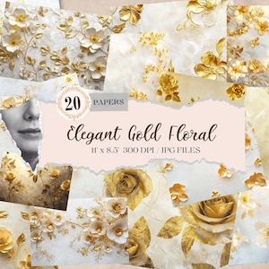 Gold Journal Paper, White and Gold Roses, Wedding Gold Floral Printable, Floral White and Gold Junk Journal Kit, Ephemera, Commercial Use