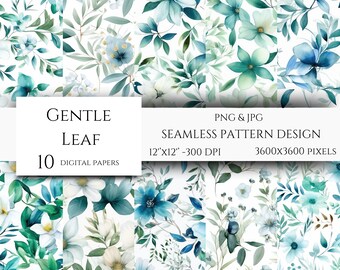 Gentle Leaf Digital Paper - Watercolor Scrapbook Papers - Seamless Patterns - Digital Background - Printable Paper Set - Floral Leaves