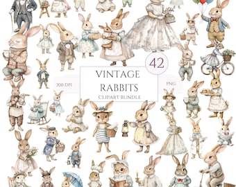 Vintage Easter Bunny Clipart Bundle | Watercolor Farmhouse Bunnies, Cottagecore Rabbits, Spring Baby Shower & Birthday PNG, Commercial Use