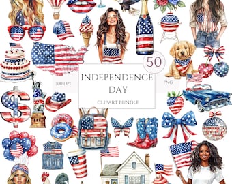 Pacote de clipart de 4 de julho, PNGs patrióticos em aquarela, gráficos do Dia da Independência dos EUA, bandeiras americanas, estrelas, download digital para uso comercial