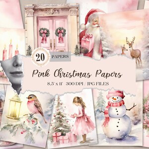 Weihnachten Printables für Junk Journals, Rosa Weihnachten, Vintage Merry Christmas Junk Journal Seiten, Aquarell Santa Digital Junk Journal