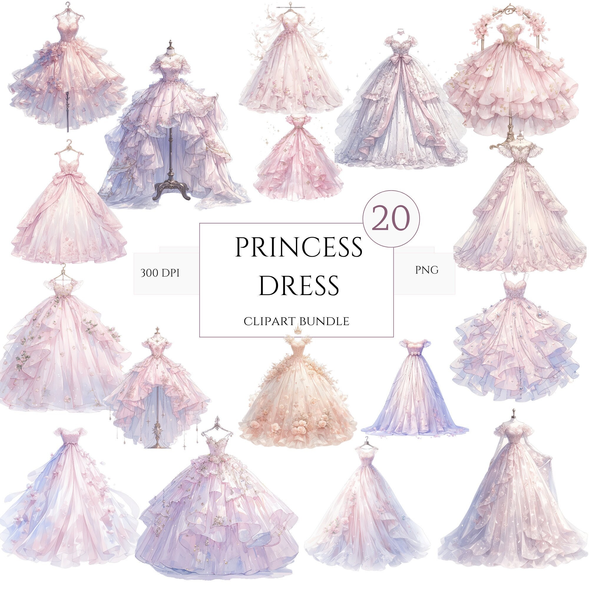20 Princess Gowns Clipart, Princess Dresses, Printable Watercolor ...