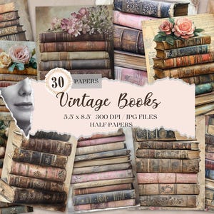 Vintage Bücher Junk Journal Seiten, Digitales Scrapbook Papier Kit, Viktorianische Bibliothek zum Ausdrucken, Dark Academia Ephemera, Collage Sheet