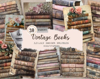 Vintage Books Junk Journal Pages, Digital Scrapbook Paper Kit, Victorian Library Printable, Dark Academia Ephemera, Reading Collage Sheet