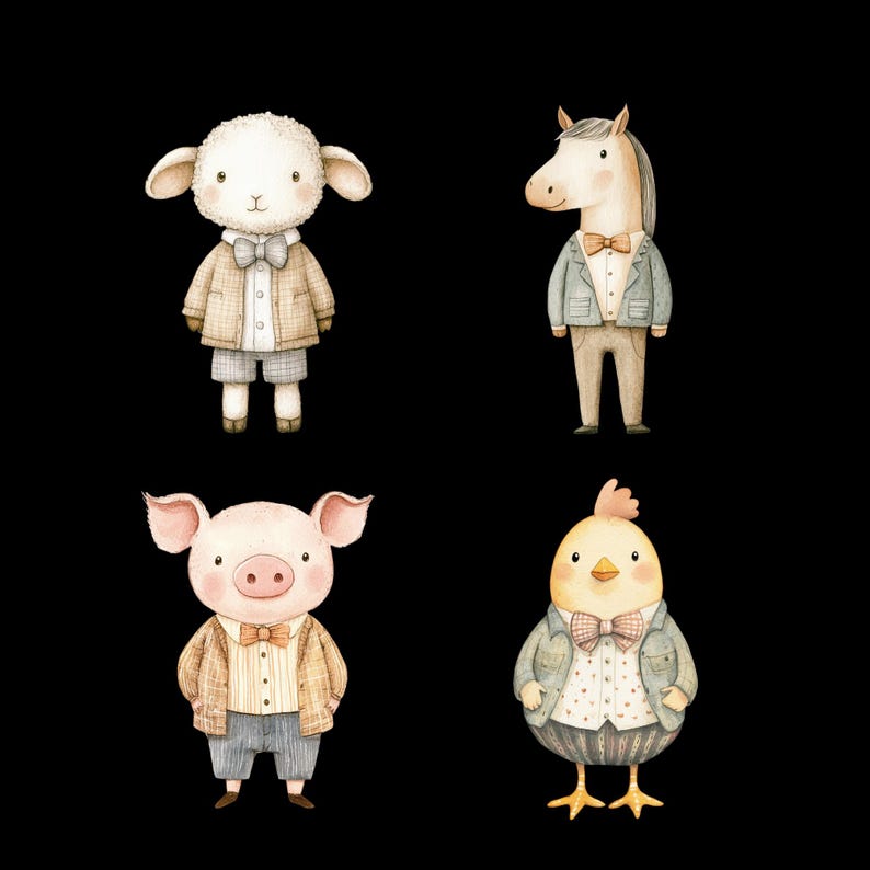 Puede incluir: Cuatro ilustraciones de acuarela de animales con trajes. Una oveja blanca, un caballo marr&oacute;n, un cerdo rosa y un pollito amarillo.
