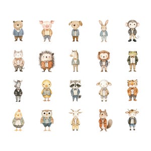 Puede incluir: Ilustraci&oacute;n de acuarela de 20 animales diferentes con corbatas de mo&ntilde;o y chalecos. Los animales incluyen un oso, un cerdo, un perro, un conejo, un mono, un gato, un erizo, un caballo, un le&oacute;n, una rana, una cebra, un pollito, un b&uacute;ho, una cabra, una ardilla, una vaca y un tigre.