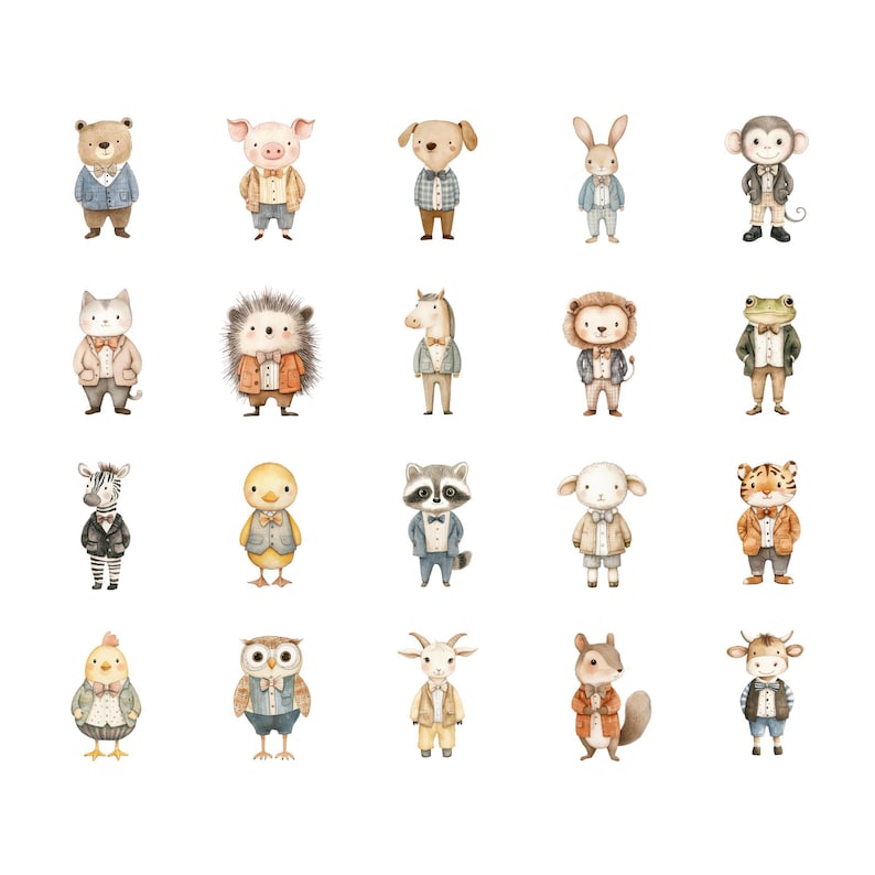 Puede incluir: Ilustraci&oacute;n de acuarela de 20 animales diferentes con corbatas de mo&ntilde;o y chalecos. Los animales incluyen un oso, un cerdo, un perro, un conejo, un mono, un gato, un erizo, un caballo, un le&oacute;n, una rana, una cebra, un pollito, un b&uacute;ho, una cabra, una ardilla, una vaca y un tigre.