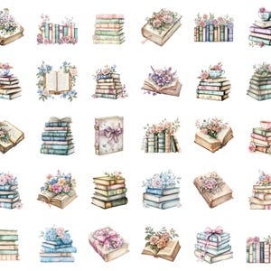 May include: A collection of 25 watercolor illustrations of stacks of books with floral accents. The books are in various shades of blue, pink, and green. Some of the stacks have a teacup on top.