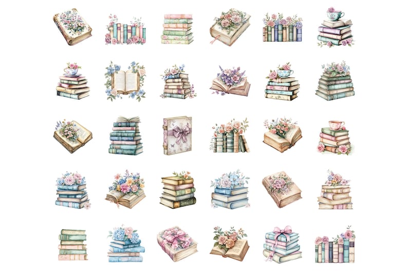 May include: A collection of 25 watercolor illustrations of stacks of books with floral accents. The books are in various shades of blue, pink, and green. Some of the stacks have a teacup on top.