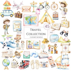 Niedliches Reise-Kinderzimmer-Clipart-Bundle, Aquarell Karten, Retro-Koffer & Abenteuer-Elemente, Baby-Raum-Dekor, Urlaub PNGs, kommerzielle Nutzung