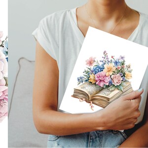 May include: A watercolor illustration of a bouquet of flowers, including pink, yellow, and blue flowers, resting on an open book. The book is old and has a worn, vintage look.
