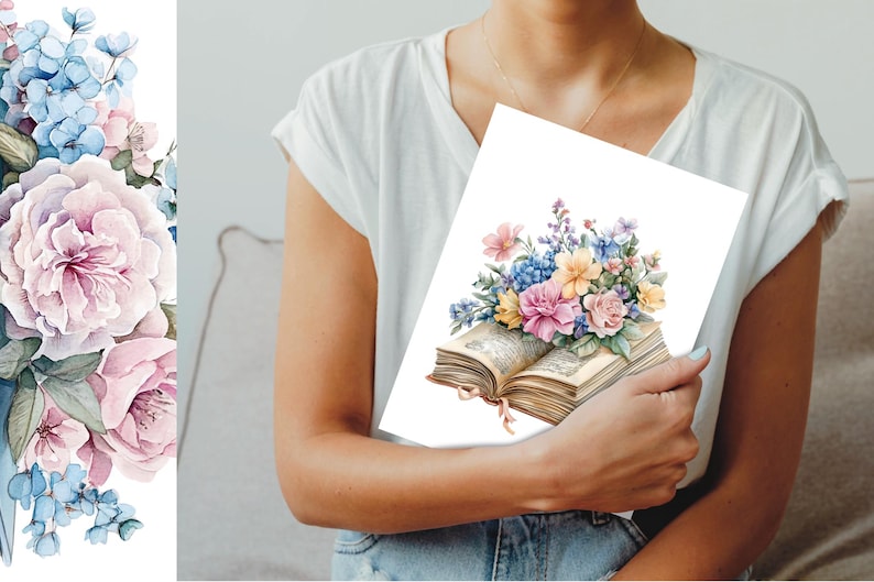 May include: A watercolor illustration of a bouquet of flowers, including pink, yellow, and blue flowers, resting on an open book. The book is old and has a worn, vintage look.