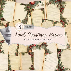 Kerstgelijnde dagboekpagina's, basispapier voor ongewenste dagboeken, kerstmisdagboek vintage stijl, collageblad versiering, commercieel gebruik