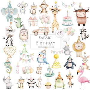 Safari Geburtstag Clipart Bundle, süße Aquarell Dschungeltiere 45 PNG, Wild One Party, Baby-Dusche-Dekor, digitaler Download, kommerzielle Nutzung