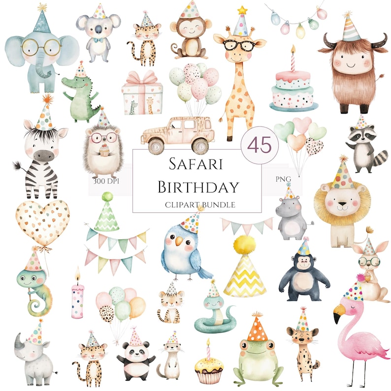 Safari Birthday Clipart Bundle, Cute Watercolor Jungle Animals 45 PNG ...