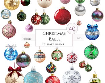 Christmas Balls Clipart, 40 PNG Christmas Baubles,Christmas Stickers, Christmas Tree Decoration Transparent Background, Commercial Use