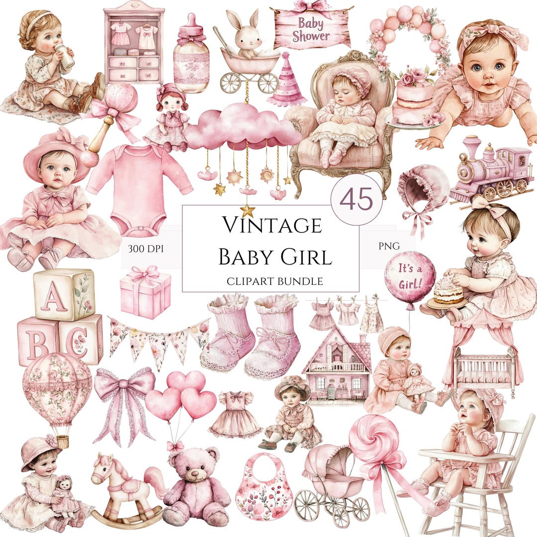 Vintage Baby Girl Clipart Bundle, Blush Pink Nursery Decor, Crib ...