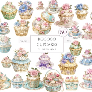 Rococo bloemen cupcake clipart, cupcake prints, bakkerij clipart, afdrukbare aquarel clipart, digitale download, papier ambacht, junk tijdschriften