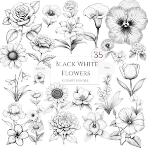 Schwarz weiß Blumen Clipart Bundle, Blumen Skizze Clipart, Blumen Malseiten, minimalistische Blumen Kunst, Kinderzimmer Haus DIY, kommerzielle Nutzung