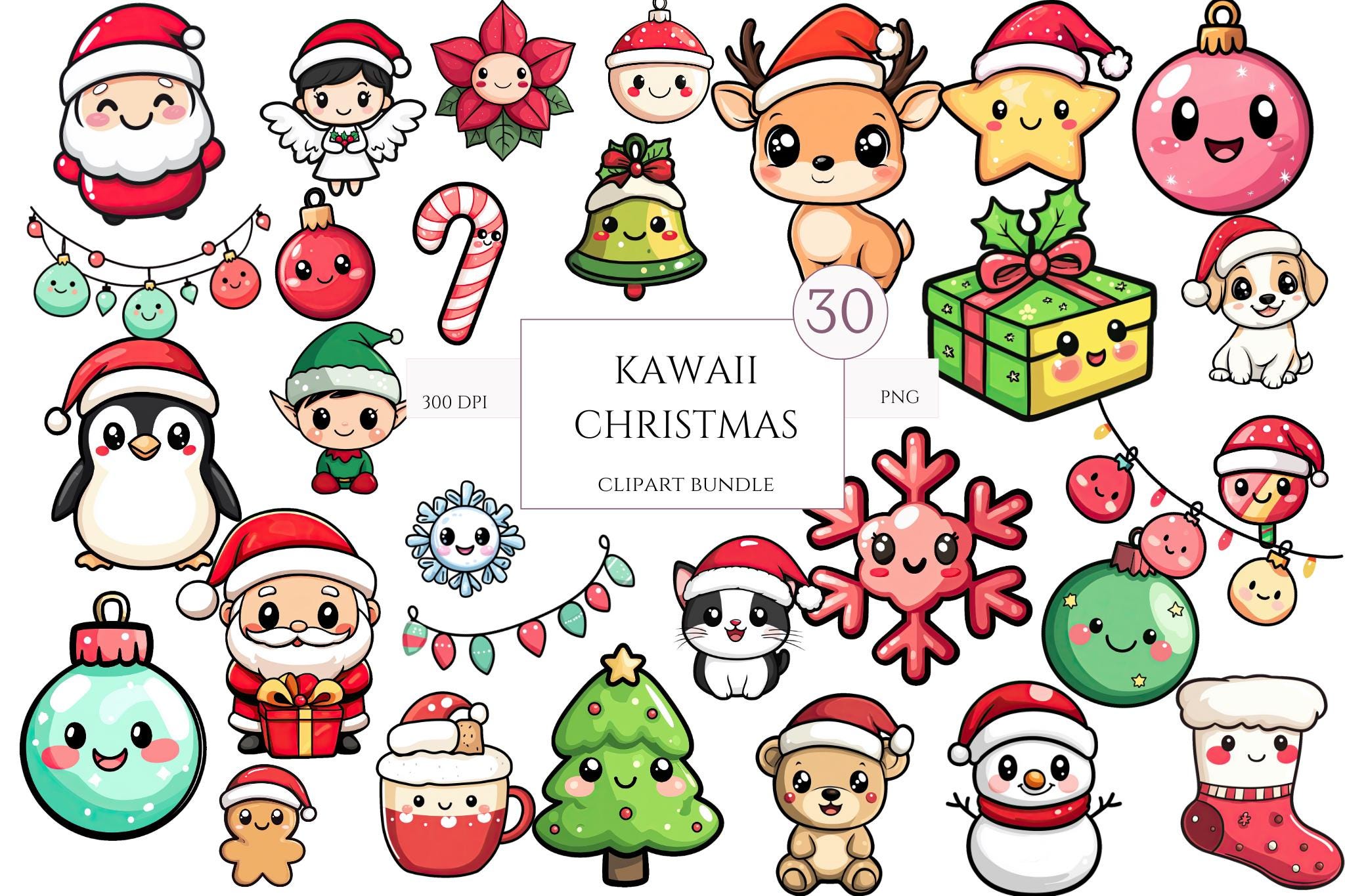 Cute Christmas Clipart Kawaii, PNG bundle, Christmas Clipart, Cute Christmas Characters, Kawaii Santa, Commercial Use