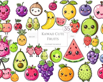 35 Cute Kawaii Fruit Clip Art PNG bundle | Digital Download | Cute Kawaii Clipart | | Kawaii Stickers | Commercial Use