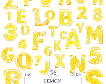 Lemon Alphabet Clipart, Watercolor Citrus Letters And Numbers PNG, Summer Fruit ABC, Yellow Letters for Crafts & Invitations, Commercial Use