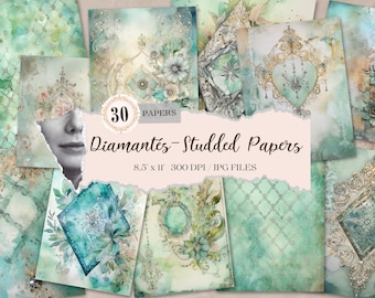 May include: 30 digital papers with a turquoise and gold color scheme. The papers feature a variety of designs, including ornate frames, floral patterns, and geometric shapes. The text "Diamantés - Studded Papers" is displayed on the image. The papers are 8.5 x 11 inches and 300 DPI.