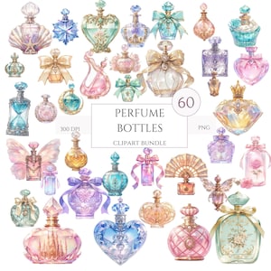 May include: A set of 60 watercolor illustrations of perfume bottles. The bottles are in various shapes and sizes, and are decorated with flowers, butterflies, and other whimsical details. The bottles are all in pastel colors, and are perfect for adding a touch of elegance to any project.