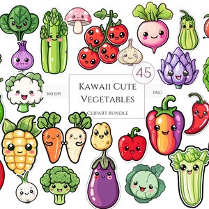 45 Cute Kawaii Vegetables and greens Clip Art PNG bundle | Digital Download | Cute Kawaii Clipart | Kawaii Stickers | Commercial Use