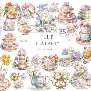 35 PNG Aquarell Vintage Tulpe Tea Time Clipart, Pastell Tee Clipart, Tea Time Kunst, Blumen Teetasse Png, Tee-Illustration, Teeparty Bundle