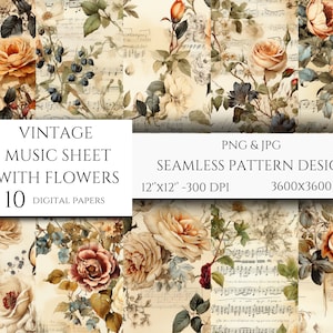 Antique Music Digital Papers | Old Music Backgrounds | Watercolor Flowers and Music Digital Paper | Vintage Sheet Music Patterns Printable