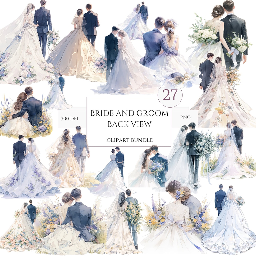 27 Watercolor Bride and Groom Back Clipart Bundle, Wedding Day Clipart ...