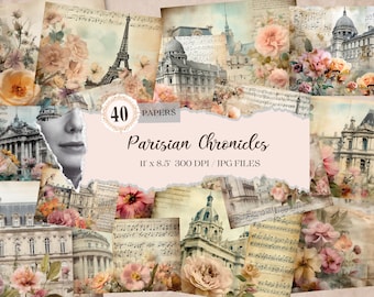 May include: A collage of 40 digital papers featuring Parisian architecture, floral elements, and musical notes. The papers are 11 x 8.5 inches and 300 DPI. The title "Parisian Chronicles" is displayed in a decorative font.