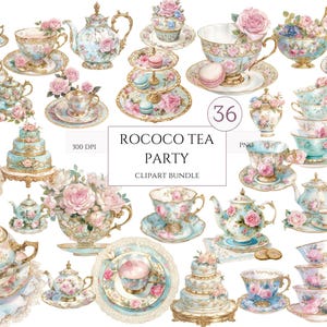 ロココ ティー パーティー、ヴィンテージ フローラル ティー タイム クリップアート、パステル ティー クリップアート、ティー タイム アート、フラワー ティーカップ PNG、ティー イラスト、ティー パーティー バンドル
