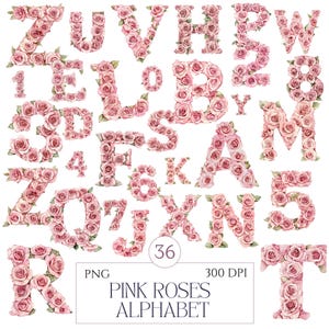 Alfabeto de rosa rosa Clipart / Letras y números florales PNG / A-Z y 0-9 / Fuente de rosa de acuarela / Alfabeto de niña rosa / Uso comercial