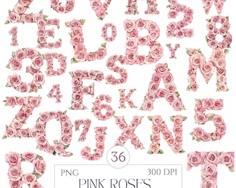 Pink Rose Alphabet Clipart | Floral Letter & Number PNG | A-Z And 0-9 | Watercolor Rose Font | Pink Baby Girl Alphabet | Commercial Use
