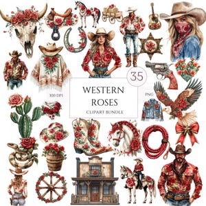 Paquete de imágenes prediseñadas de rosas rojas del oeste, 35 imágenes PNG de acuarela, sombrero de vaquero, botas y decoración campestre con flores rojas, arte floral de vaquera de rodeo, uso comercial