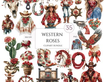 Western Red Roses Clipart Bundle, 35 Watercolor PNG, Cowboy Hat, Boots & Red Floral Country Decor, Floral Rodeo Cowgirl Art, Commercial Use