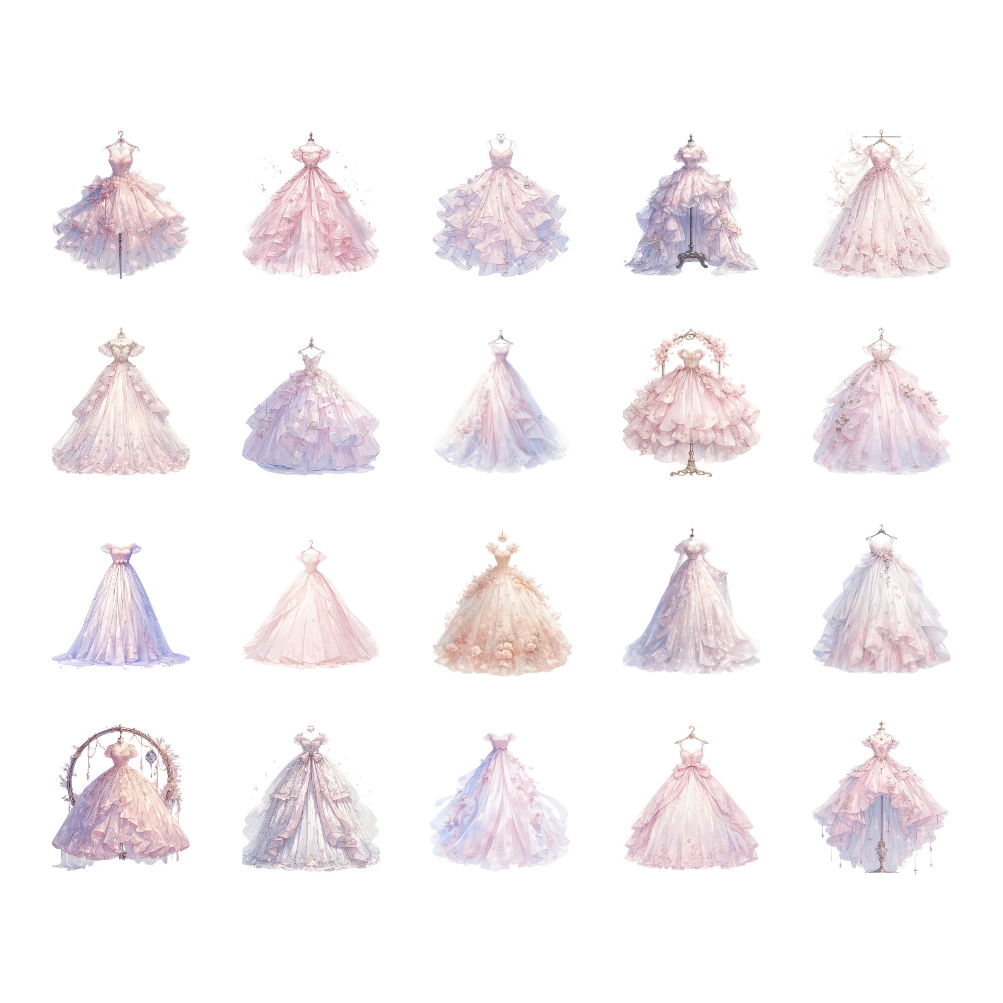 20 Princess Gowns Clipart, Princess Dresses, Printable Watercolor ...