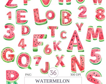 Watermelon Alphabet PNG, Summer Fruit Letters & Numbers, Juicy Tropical ABC Clipart, Watercolor Picnic Learning, Transparent, Commercial Use