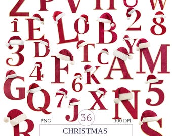 May include: A collection of red Christmas alphabet letters and numbers, each adorned with a Santa hat. The letters and numbers have a gold trim. The image includes the text "CHRISTMAS ALPHABET & NUMBERS".