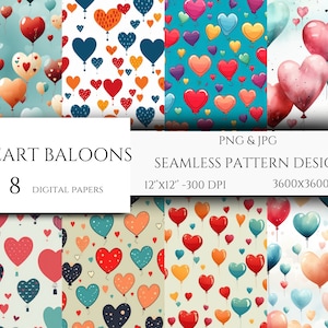 Valentine's Day Balloons Seamless Patterns | Seamless Digital Pattern | Wrapping Paper | Watercolor Hearts | Valentine Digital Paper