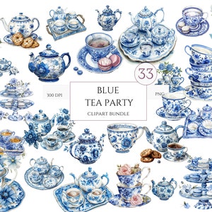 33 PNG acquerello vintage blu Tea Time Clipart, pastello tè Clipart, arte Tea Time, fiore Teacup Png, illustrazione di T, Tea Party Bundle