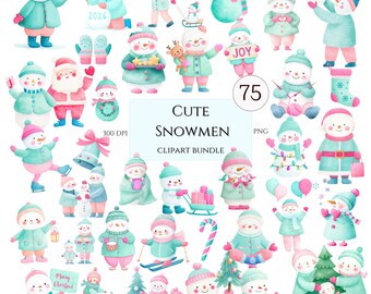 Aquarel sneeuwpop kerstclipart: Feestelijke wintervakantie PNG-bundel voor seizoensontwerpen