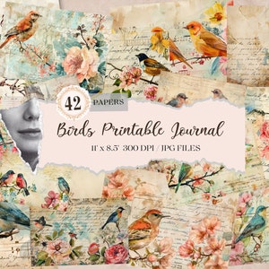 42 Junk Journal Printable, Birds , Vintage Journal Papers, Flowers Junk Journal , Vintage Junk Journal Digi Kit, Birds Printable Journal