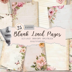 Pagine di diario a righe vuote, carte di base per diario spazzatura, pagine shabby stampabili, carta vintage con rose rosa, foglio collage di rose, carte vintage