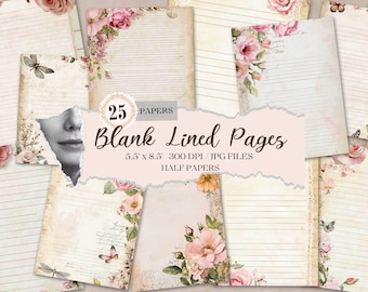Blank Lined Journal Pages, Junk Journal Basic Papers, Printable Shabby Pages, Pink Roses Paper Vintage,Roses Collage sheet, Vintage Papers