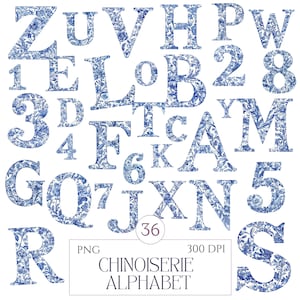 Paquete de imágenes prediseñadas del alfabeto chinoiserie, 36 letras y números PNG de acuarela azul vintage de la A a la Z y del 0 al 9, elegante tela de Jouy, para uso comercial