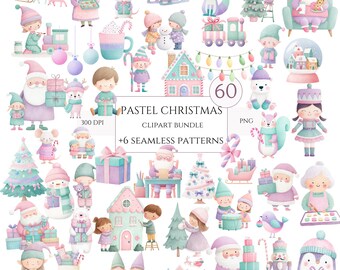 Pastel Christmas Clipart - Kawaii Holiday PNG Bundle, Pink Santa and Nutcracker Art, Cute Holiday Illustrations, Commercial Use